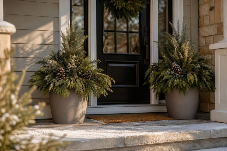 Fiberglass porch planters filled with fir, cedar, and pinecones flanking a front door in winter