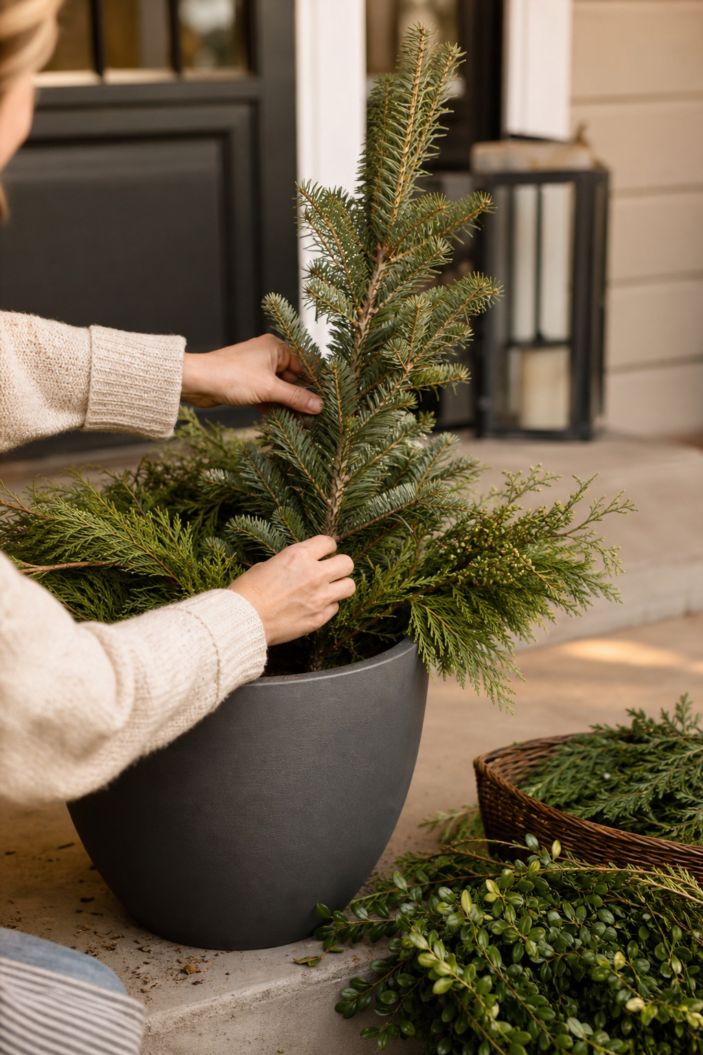 Hands building a winter porch planter, anchoring a tall evergreen branch off-center