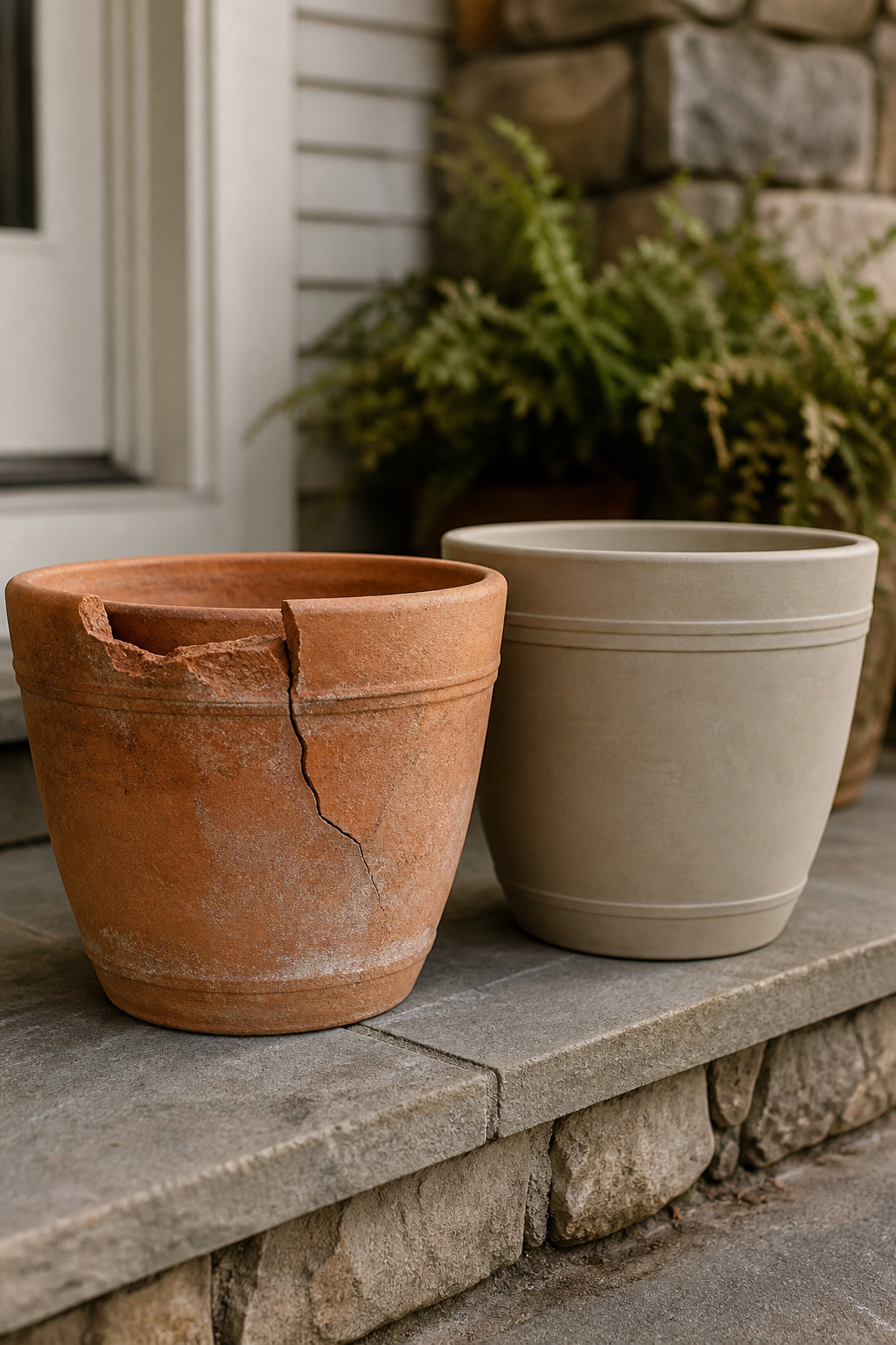 Cracked terracotta planter beside an intact fiberglass planter showing frost damage comparison