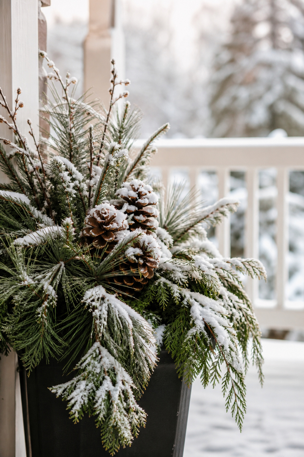Snow-dusted evergreen porch planter with healthy green needles after a light snowfall
