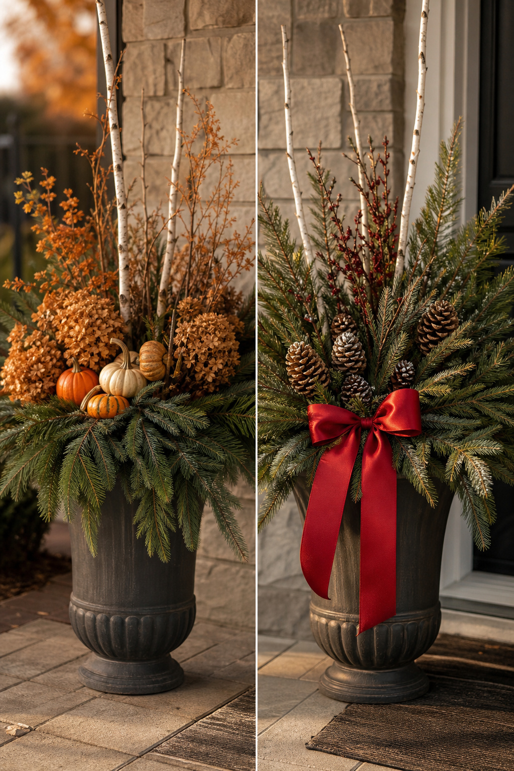 Same porch planter base restyled from fall accents to holiday accents