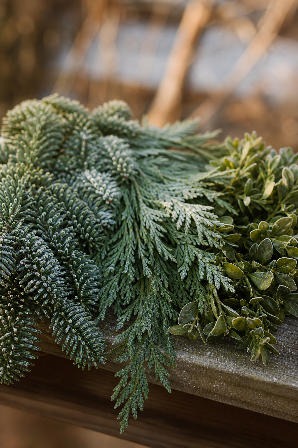 Noble fir, cedar, and boxwood branches laid out for comparison with light frost visible