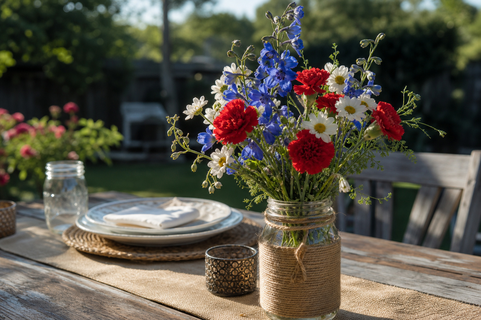 Red, white, and blue flower centerpiece in a mason jar on an outdoor picnic table