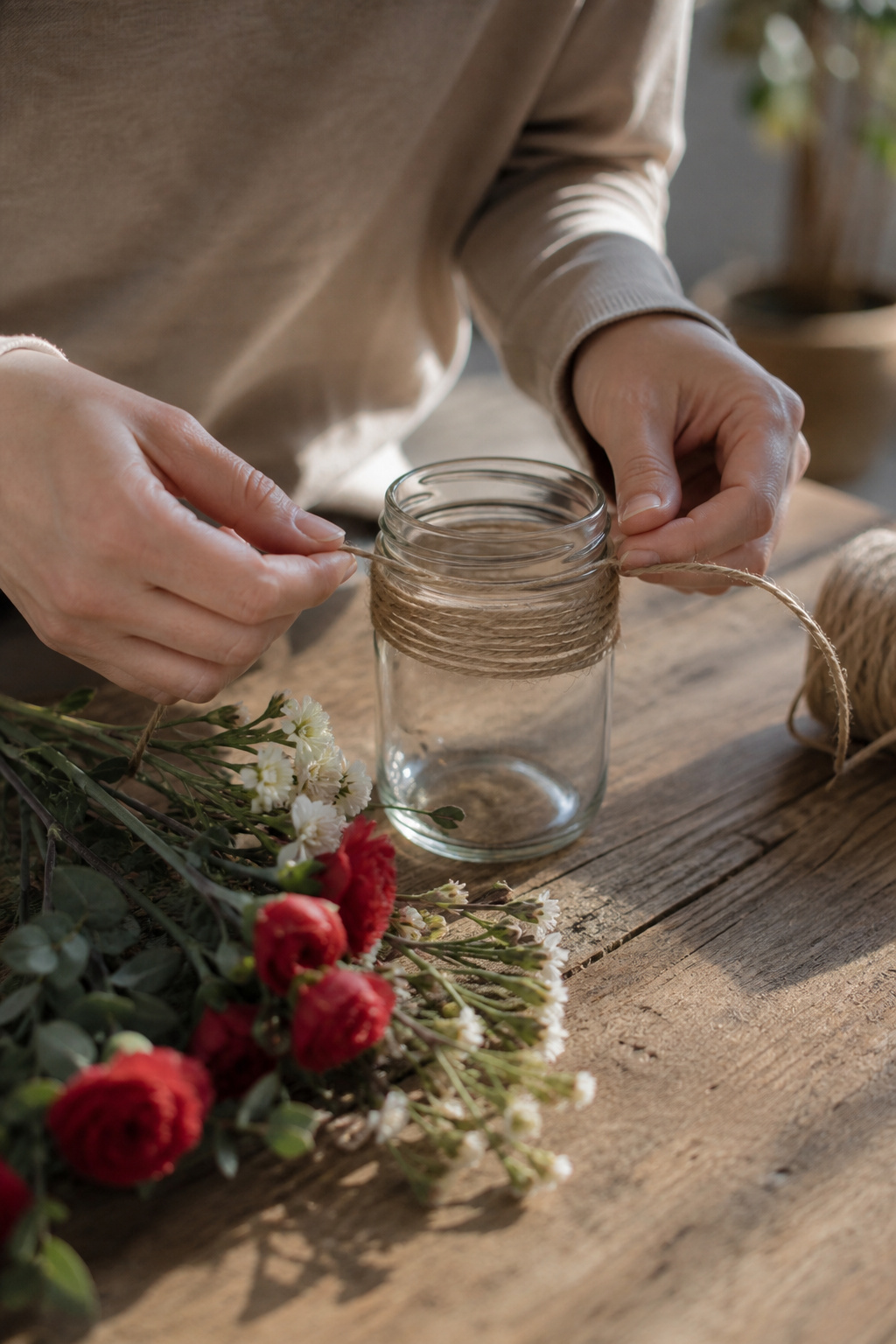 Hands wrapping jute twine around a plain mason jar before adding flowers