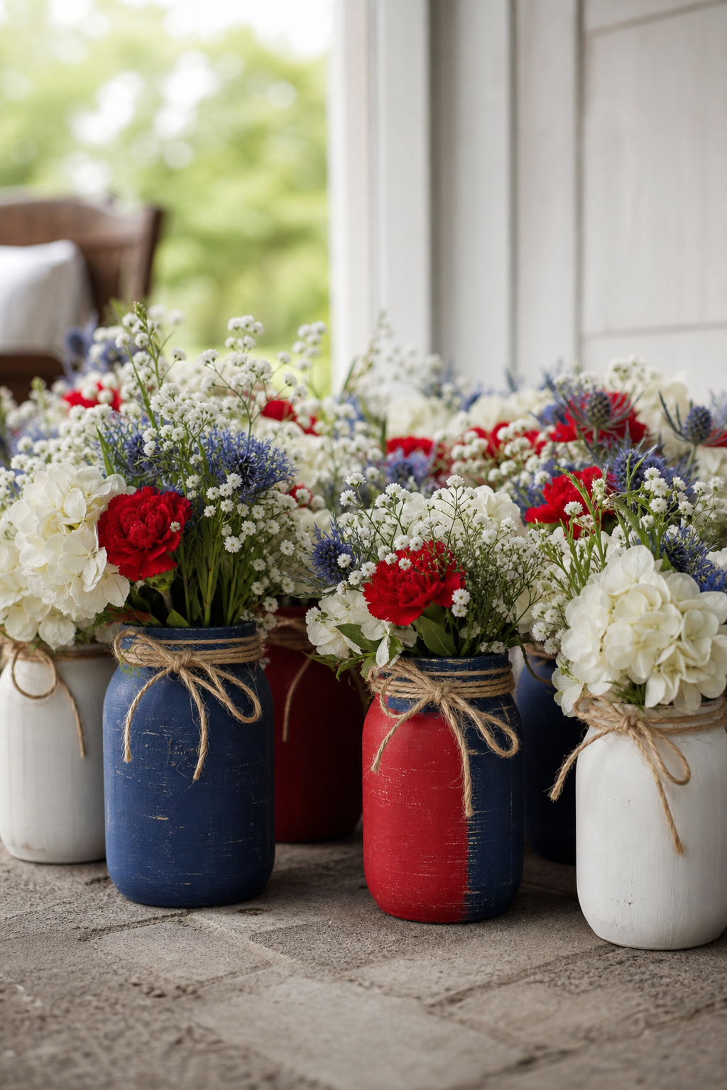 Finished patriotic flower arrangements sitting in shade before being moved outside