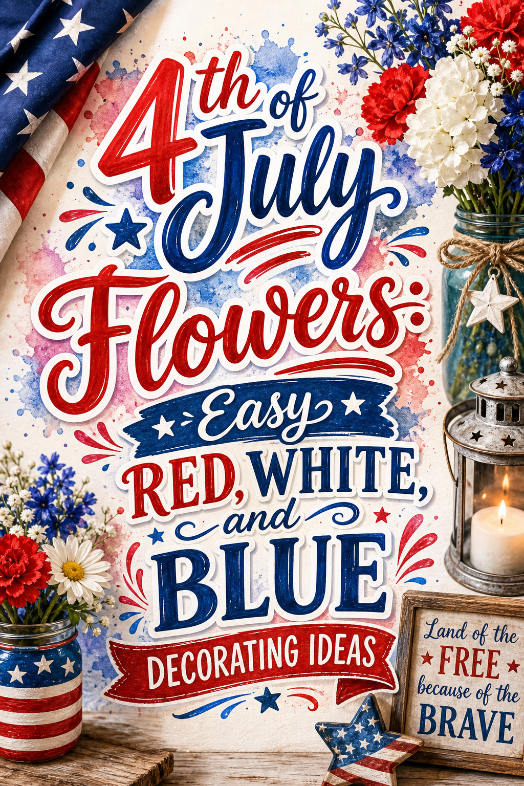 Pinterest graphic for 4th of July flowers red white and blue decorating ideas
