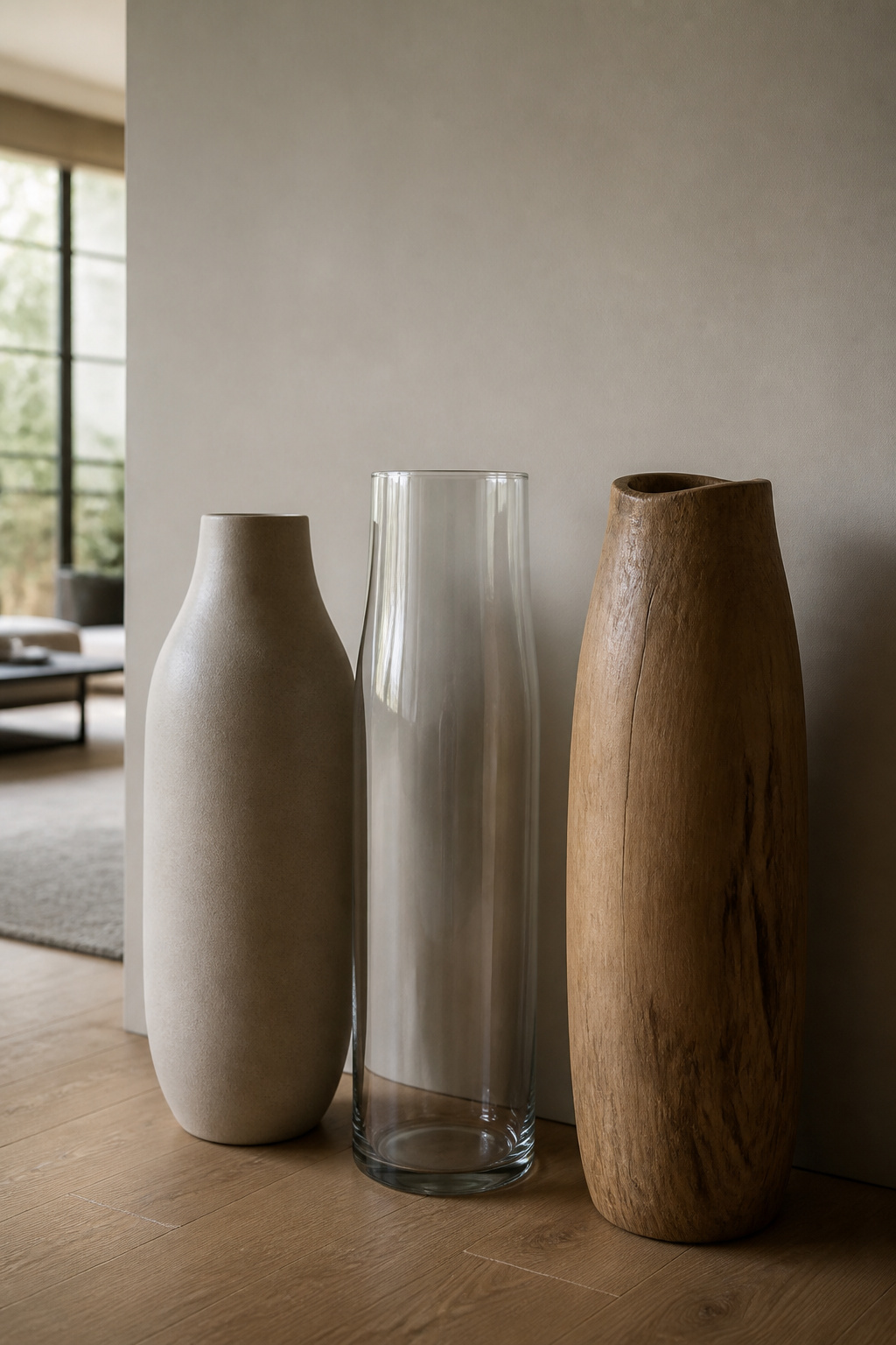 Three floor vases in ceramic, glass, and wood materials standing side by side