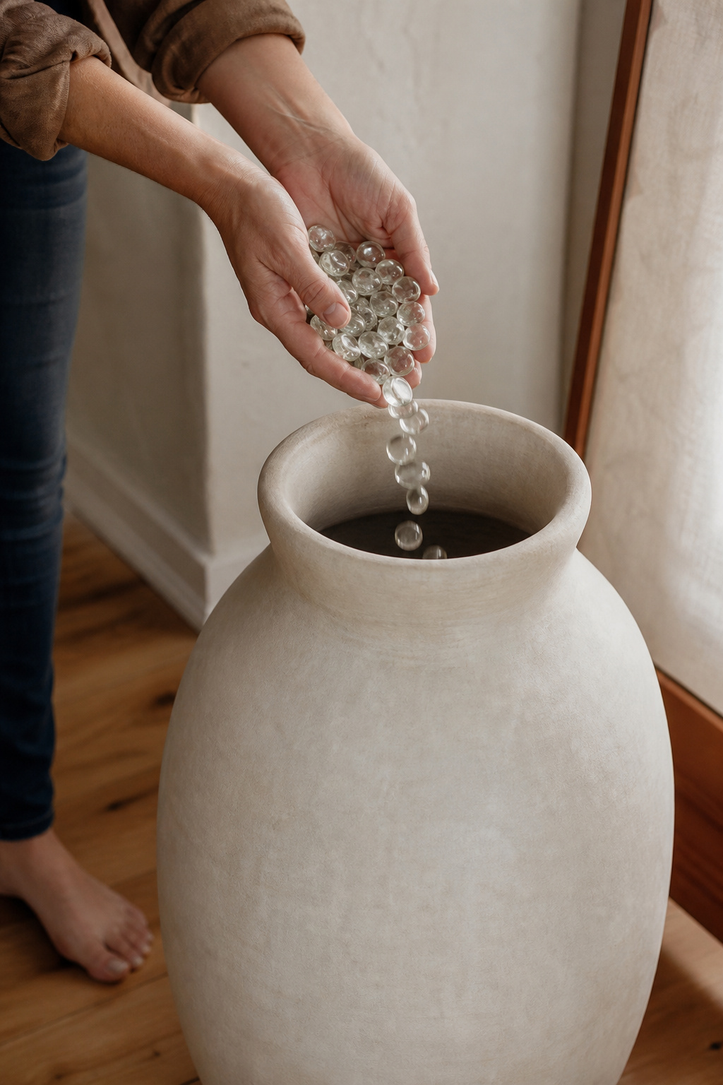 Hands pouring decorative glass pebbles into the base of an empty floor vase