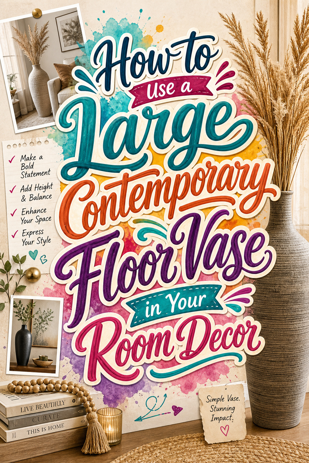 Pinterest graphic for how to use a large contemporary floor vase in your room decor
