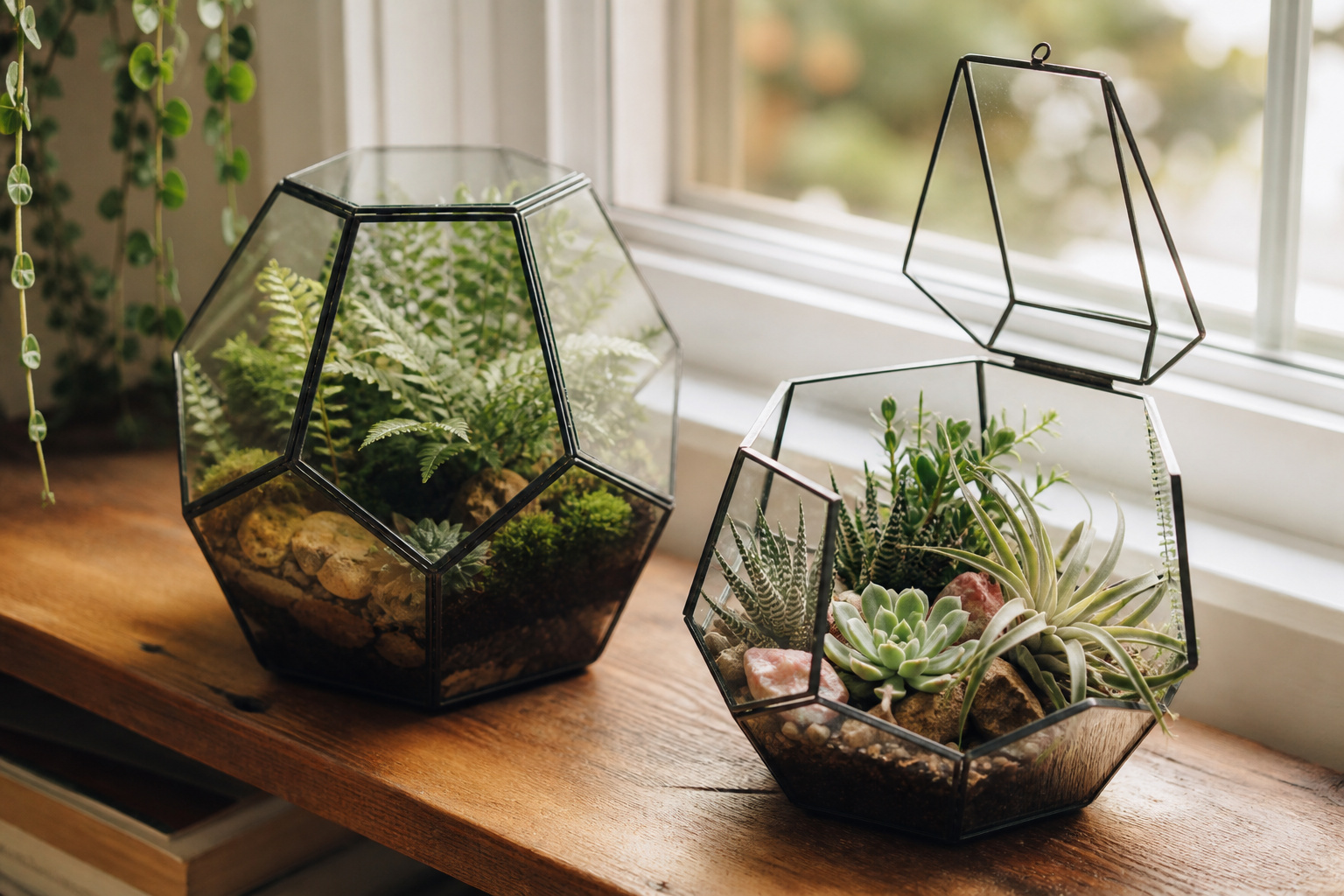 A closed fern terrarium and an open succulent terrarium side by side on a wooden shelf
