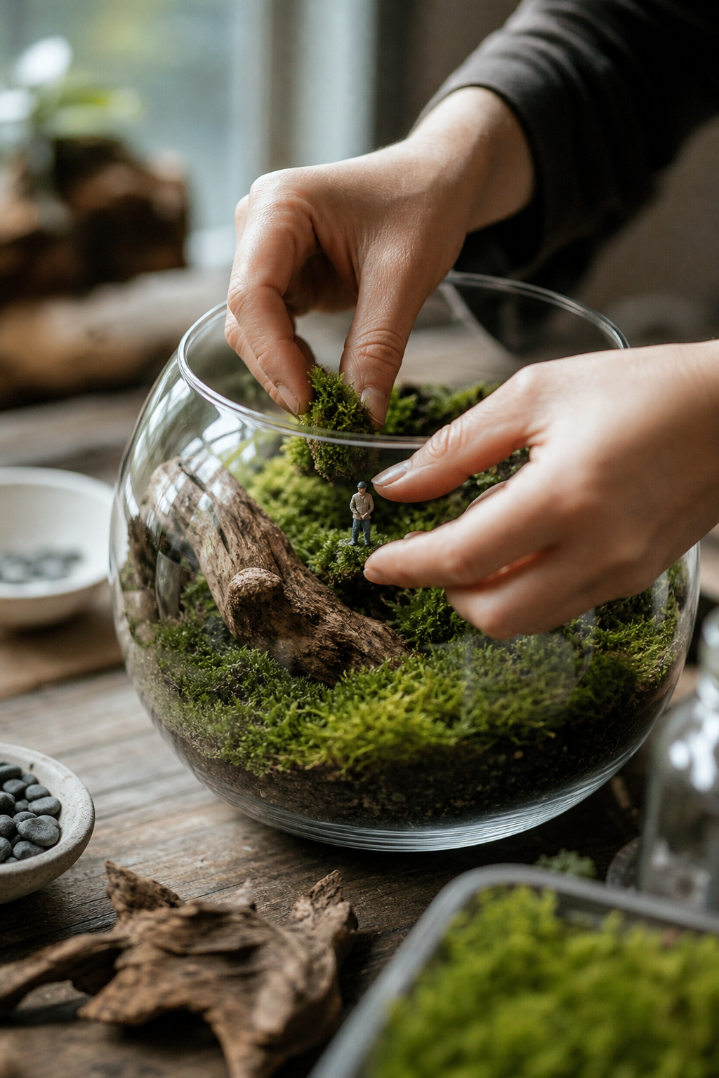 Hands placing small moss patches and a miniature figurine into a finished terrarium