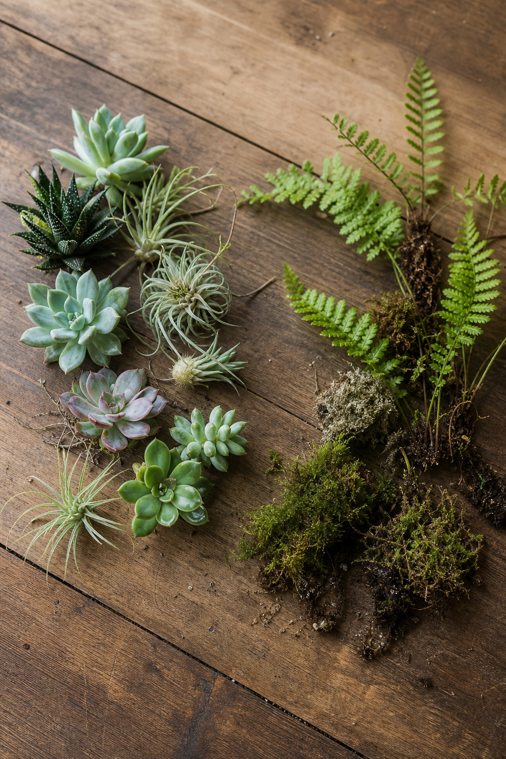 Succulents beside ferns and moss, showing which plants suit each terrarium type