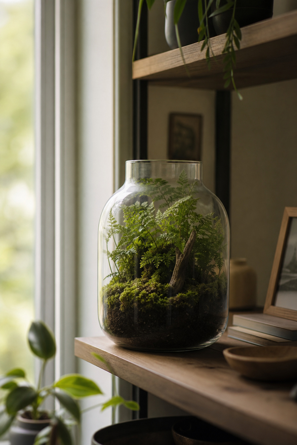 A terrarium positioned a few feet back from a bright window in indirect light