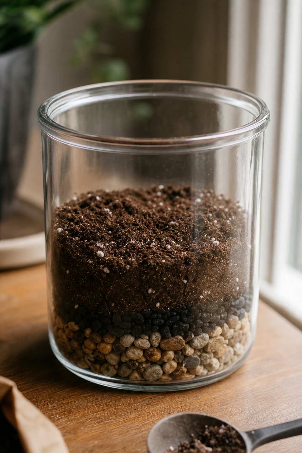 Cross-section of terrarium base layers showing gravel, activated charcoal, and soil in a glass jar