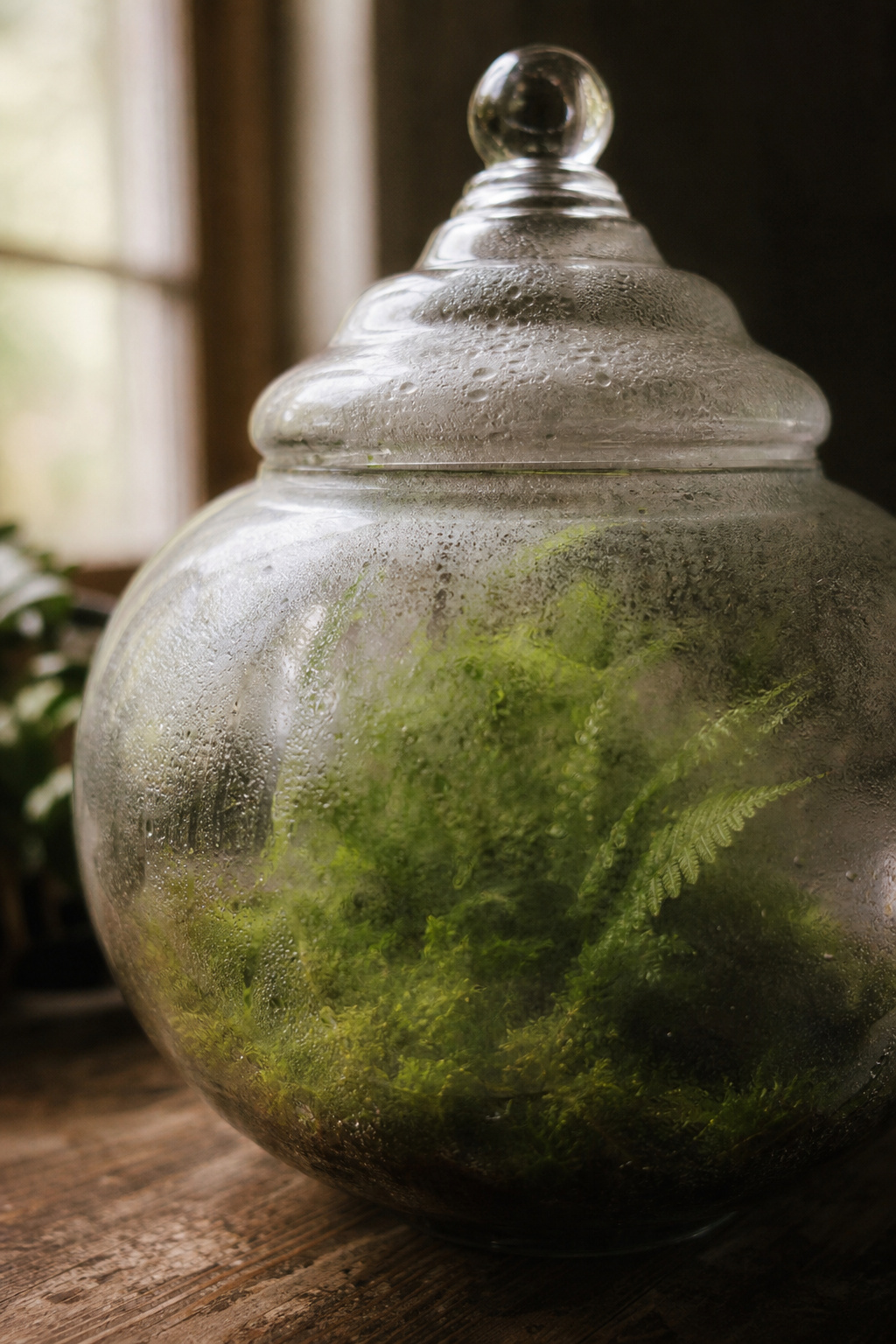 Fogged glass on a closed terrarium showing condensation cycling inside