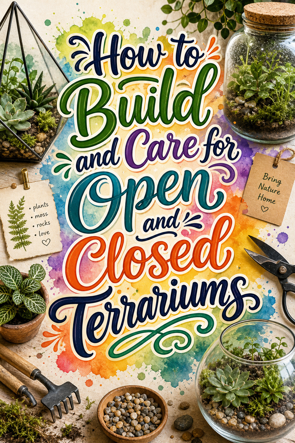 Pinterest graphic for how to build and care for open and closed terrariums