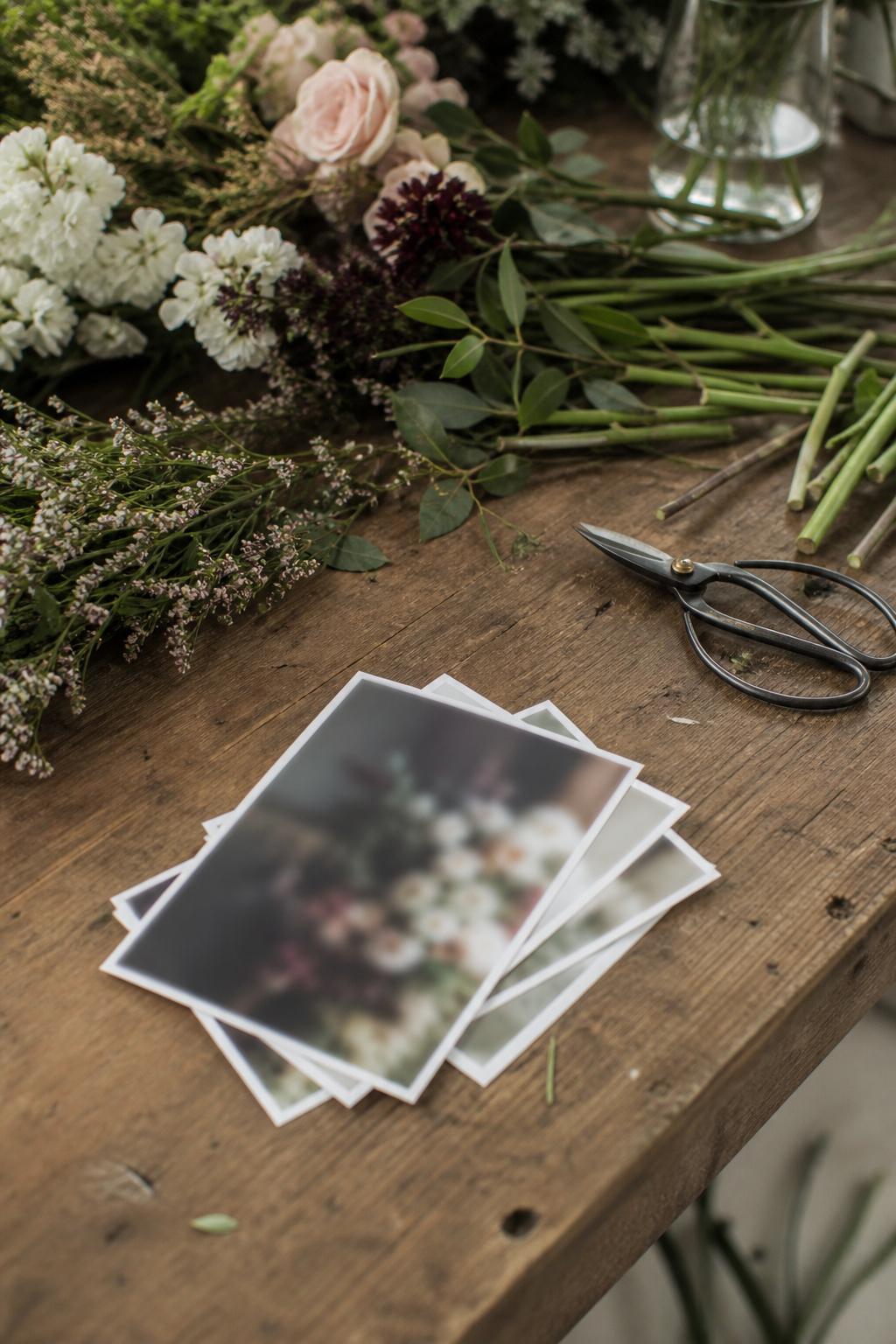 Small stack of printed bouquet inspiration photos on a wooden worktable beside fresh stems