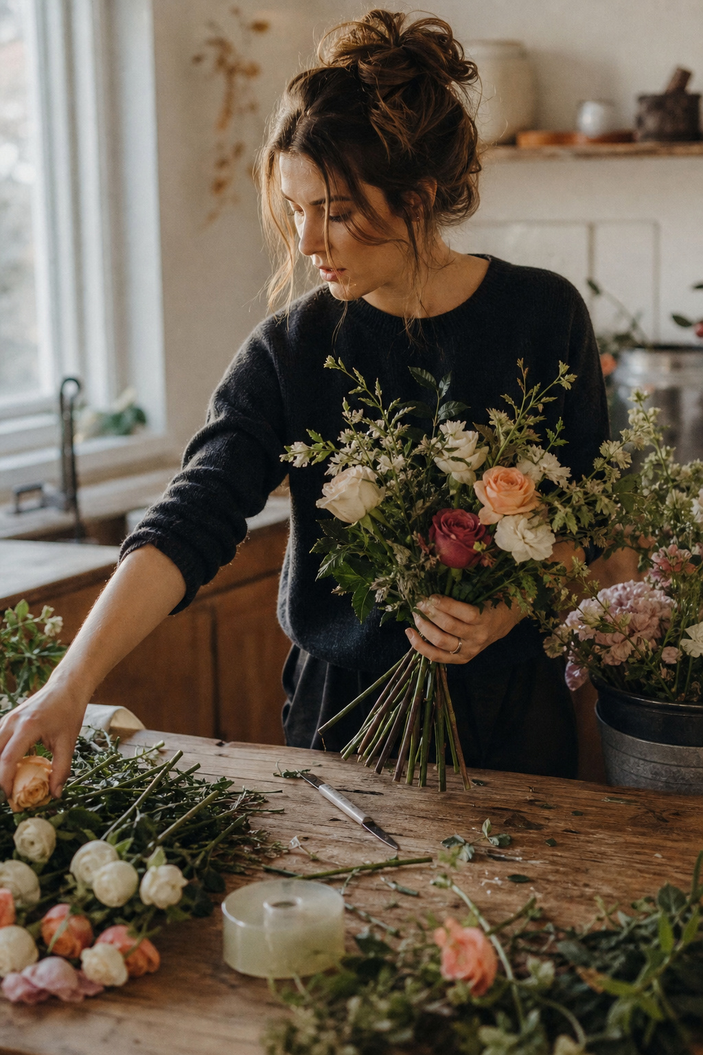 DIY bride practicing a hand-tied bouquet at a kitchen table with buckets of flowers