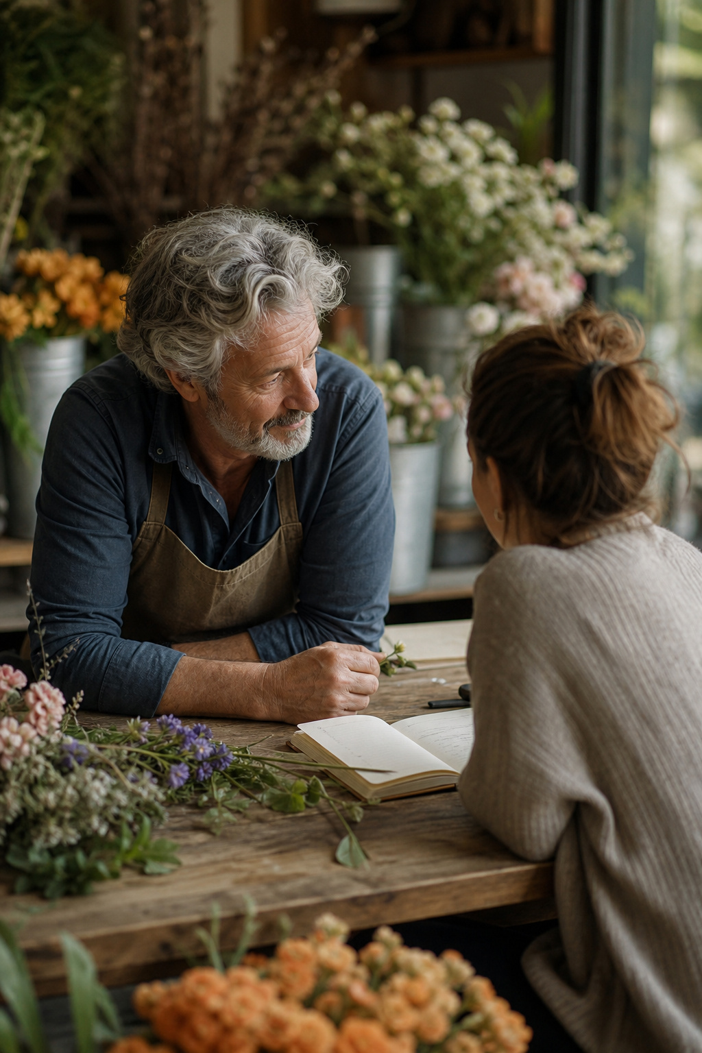 Florist and bride talking across a shop worktable during a wedding flower consultation