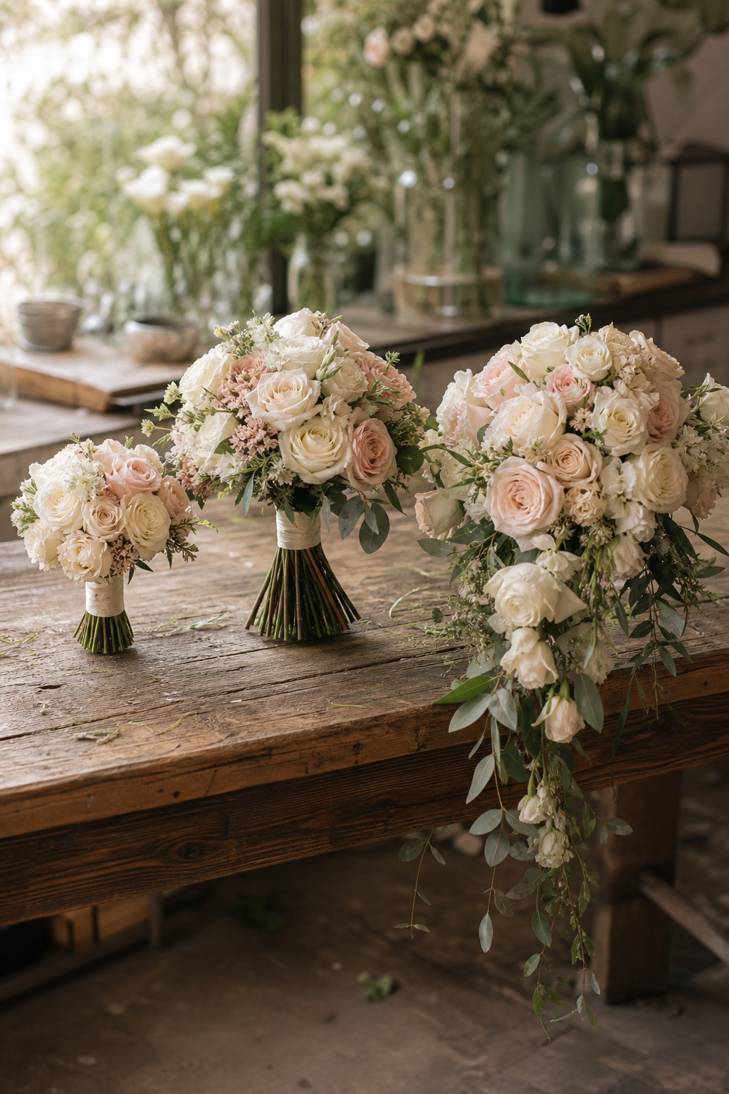 Three bridal bouquet shapes shown side by side: nosegay, hand-tied round, and cascade