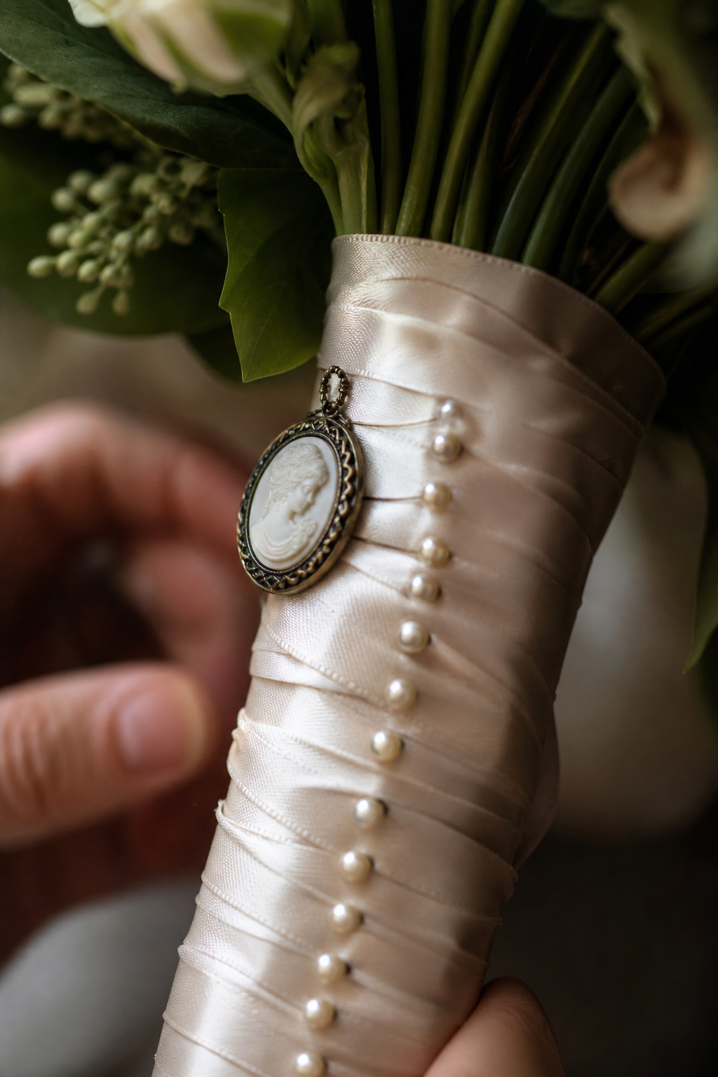 Close-up of a bouquet handle wrapped in ivory ribbon with pearl-headed pins