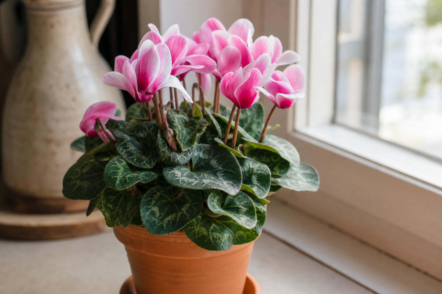 Healthy blooming cyclamen plant with pink flowers on a bright windowsill