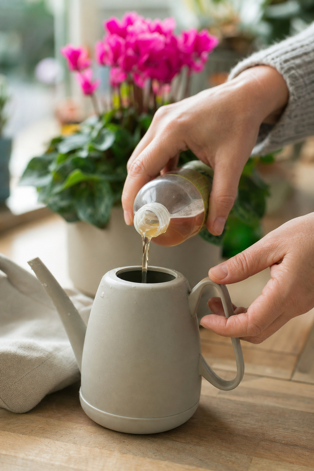 Hands diluting liquid houseplant fertilizer into a watering can beside a cyclamen