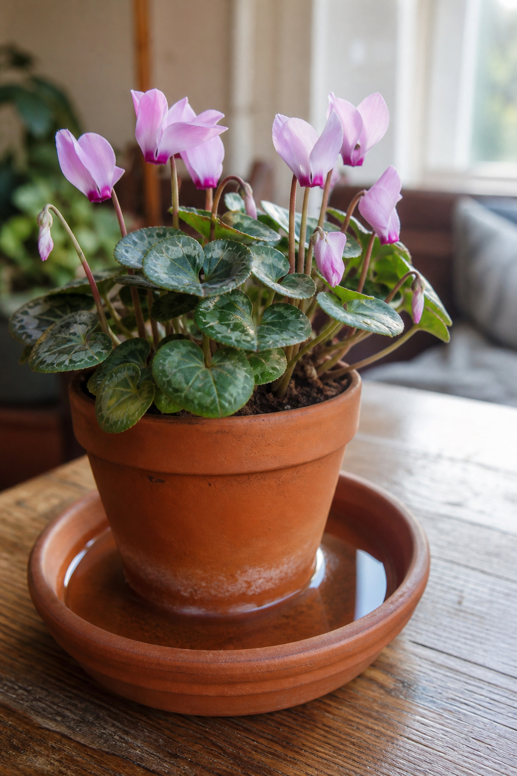 Cyclamen pot sitting in a saucer of water for bottom watering