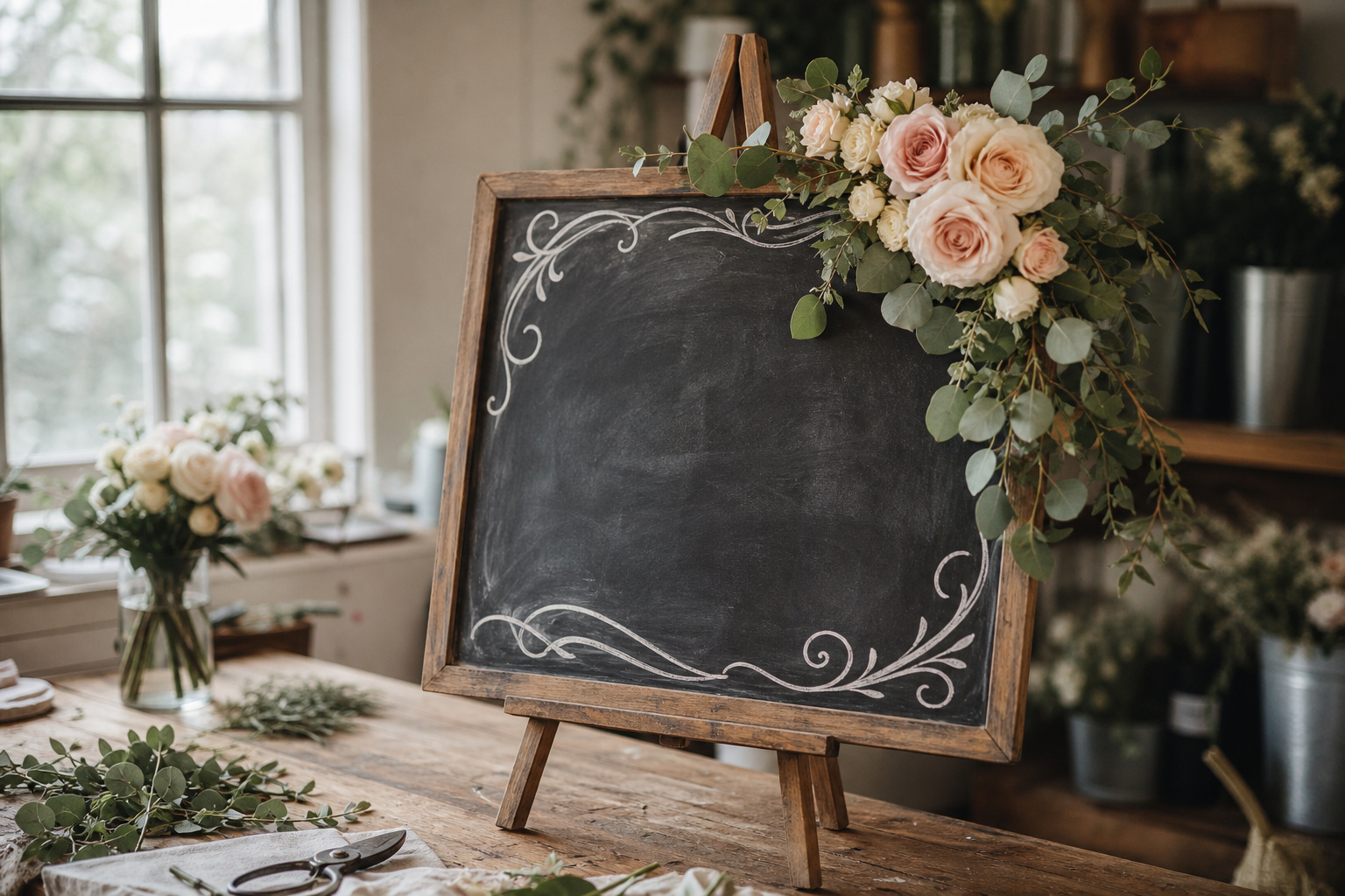 Chalkboard wedding sign with a corner floral swag of garden roses and eucalyptus