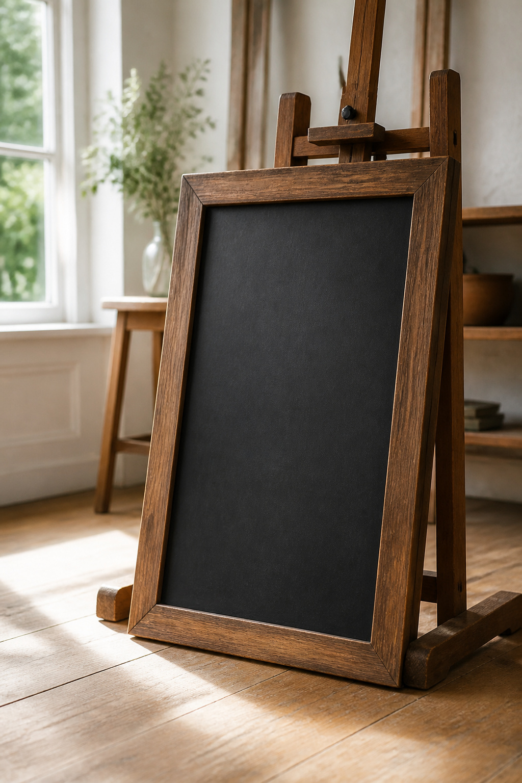 Solid wood-framed chalkboard sign leaning against a sturdy wooden easel