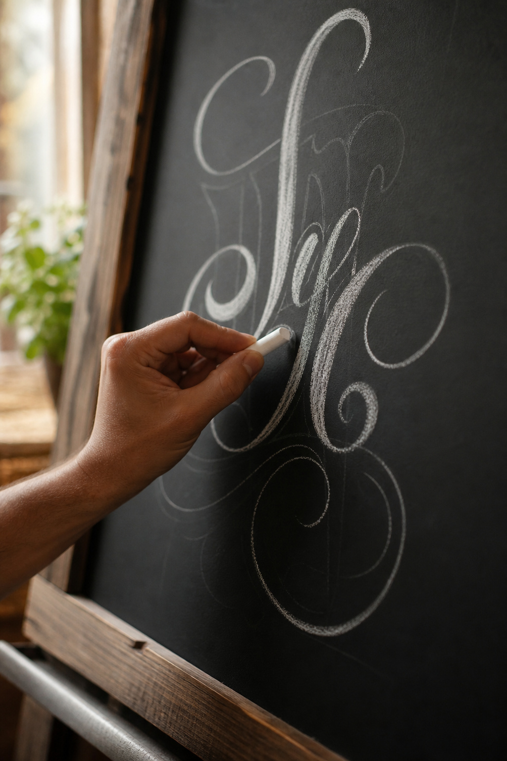 Hand sketching wedding sign lettering in chalk with a pencil sketch guide visible
