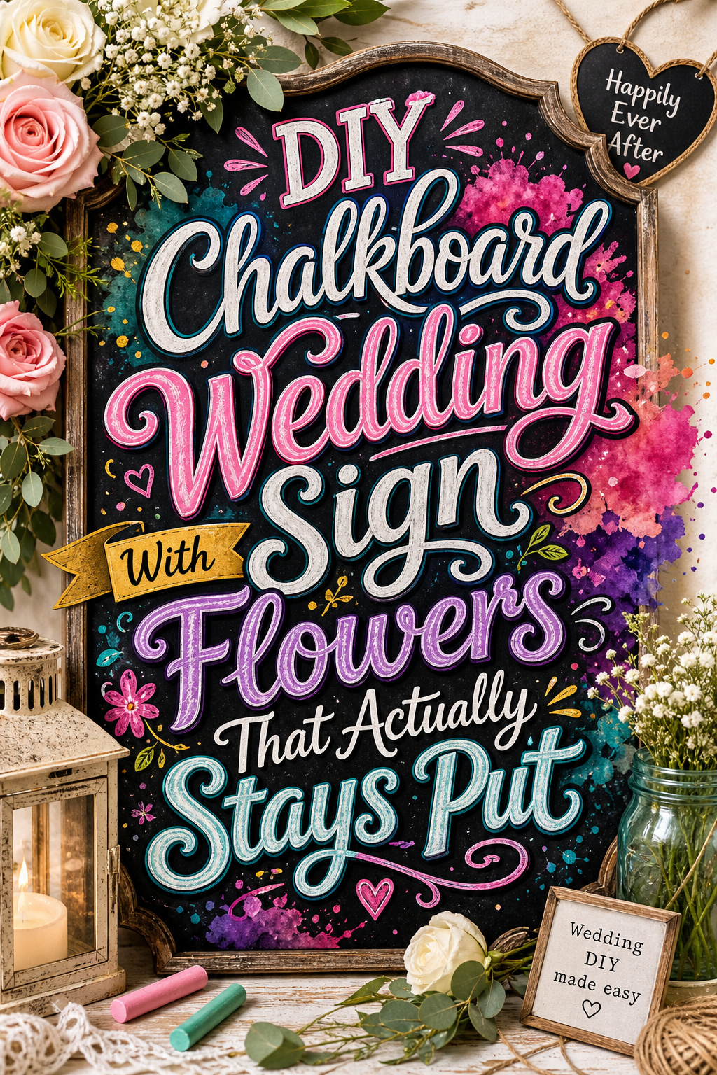 Pinterest graphic for DIY chalkboard wedding sign with flowers