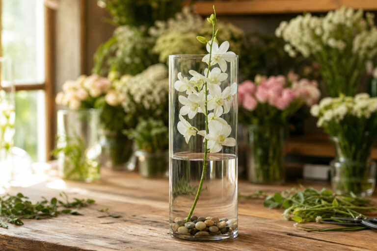 Submerged white orchid arrangement in a clear glass cylinder vase with clear water