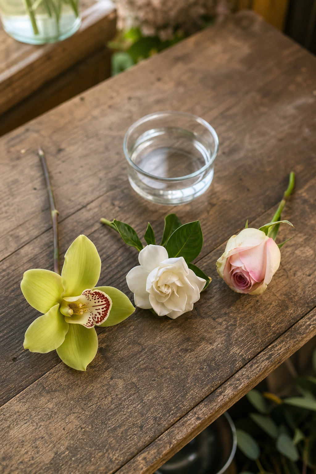 Orchid, gardenia, and rose blooms laid out beside a bowl of water for comparison