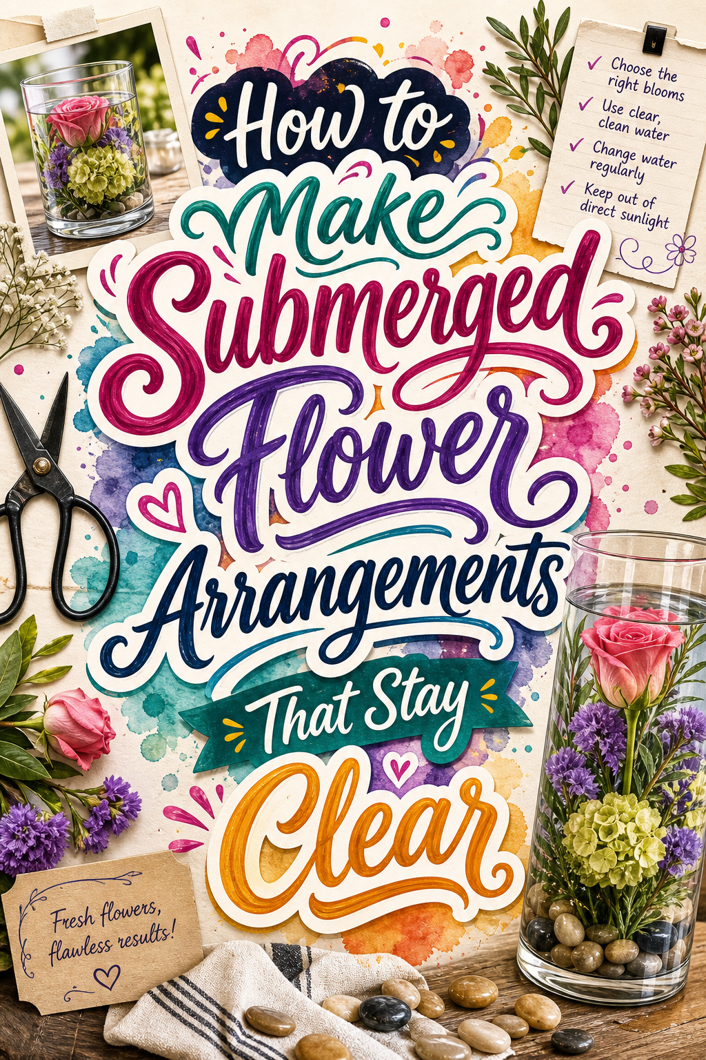Pinterest graphic for how to make submerged flower arrangements