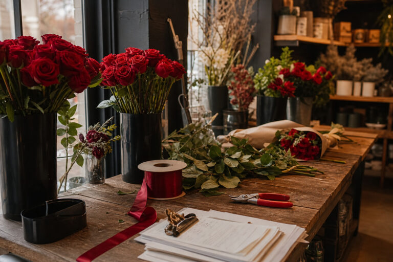 Buckets of red roses and order slips on a florist's worktable during Valentine's Day preparation