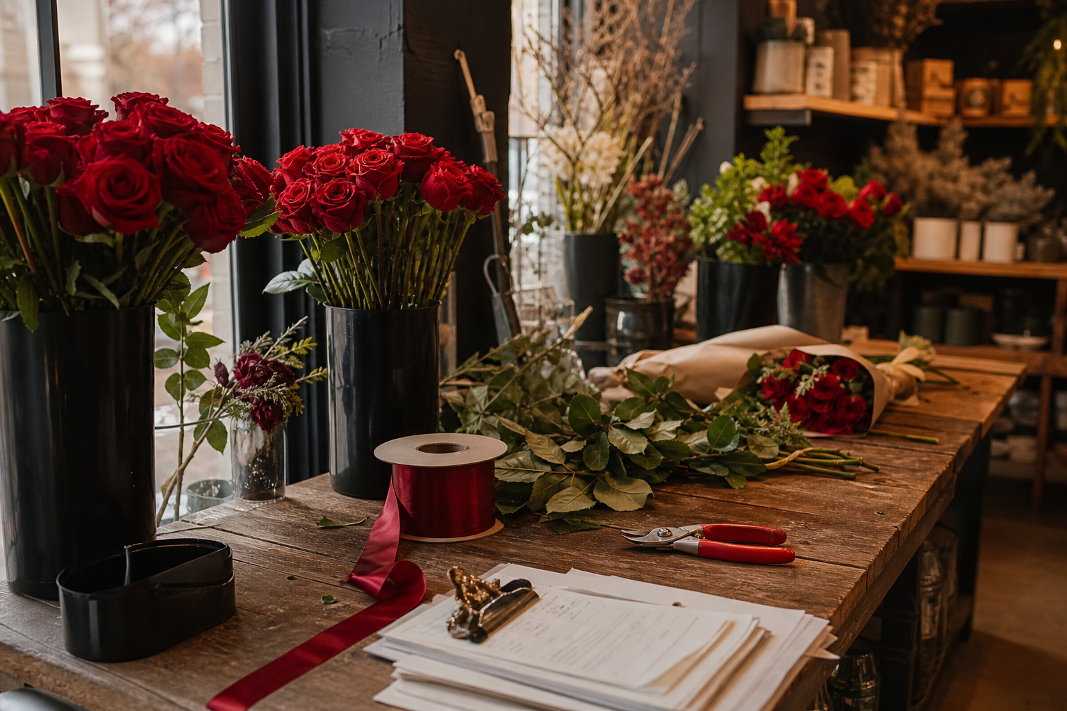 Buckets of red roses and order slips on a florist's worktable during Valentine's Day preparation