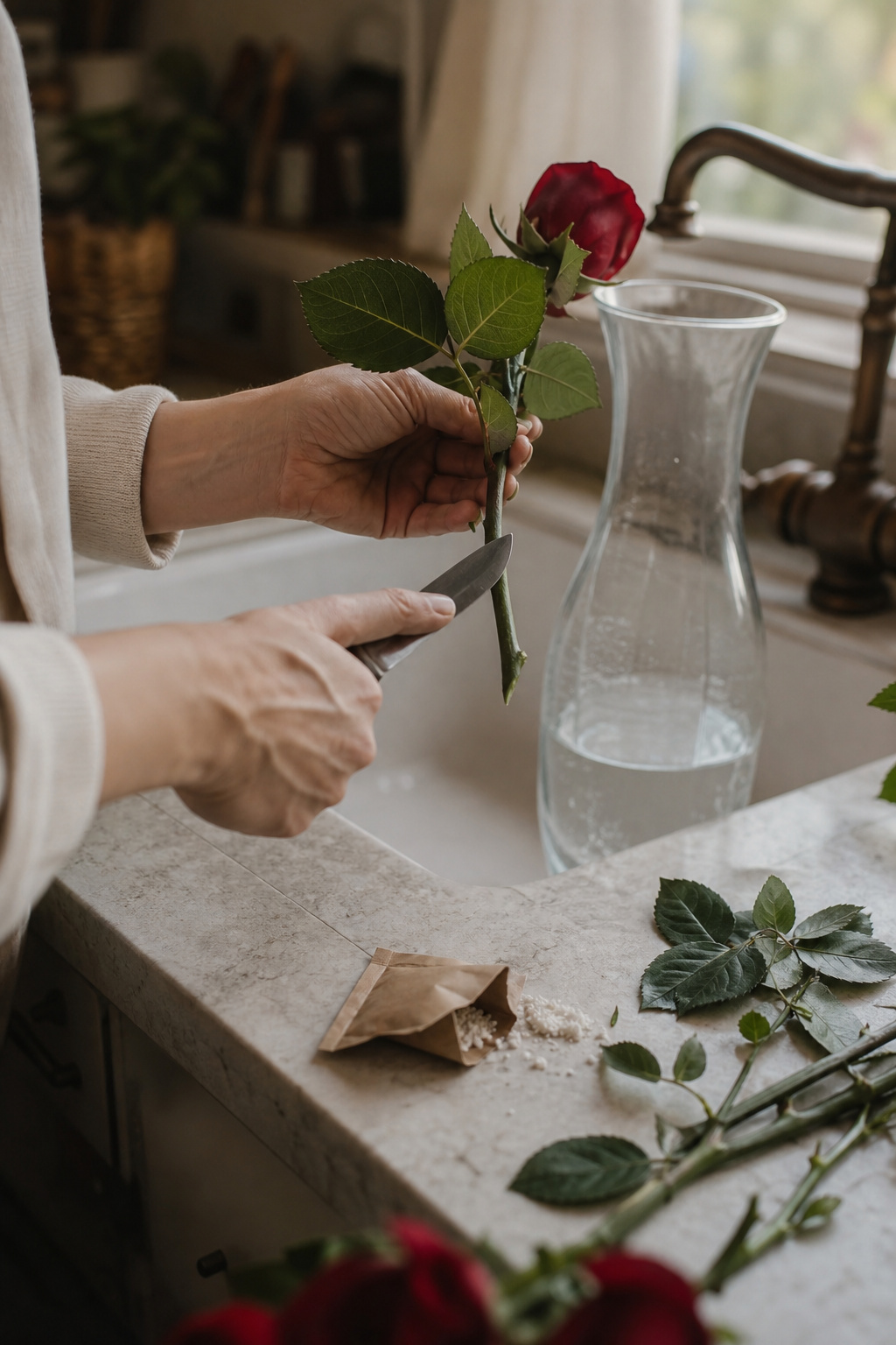 Hands re-cutting a rose stem at an angle under water beside a packet of flower food