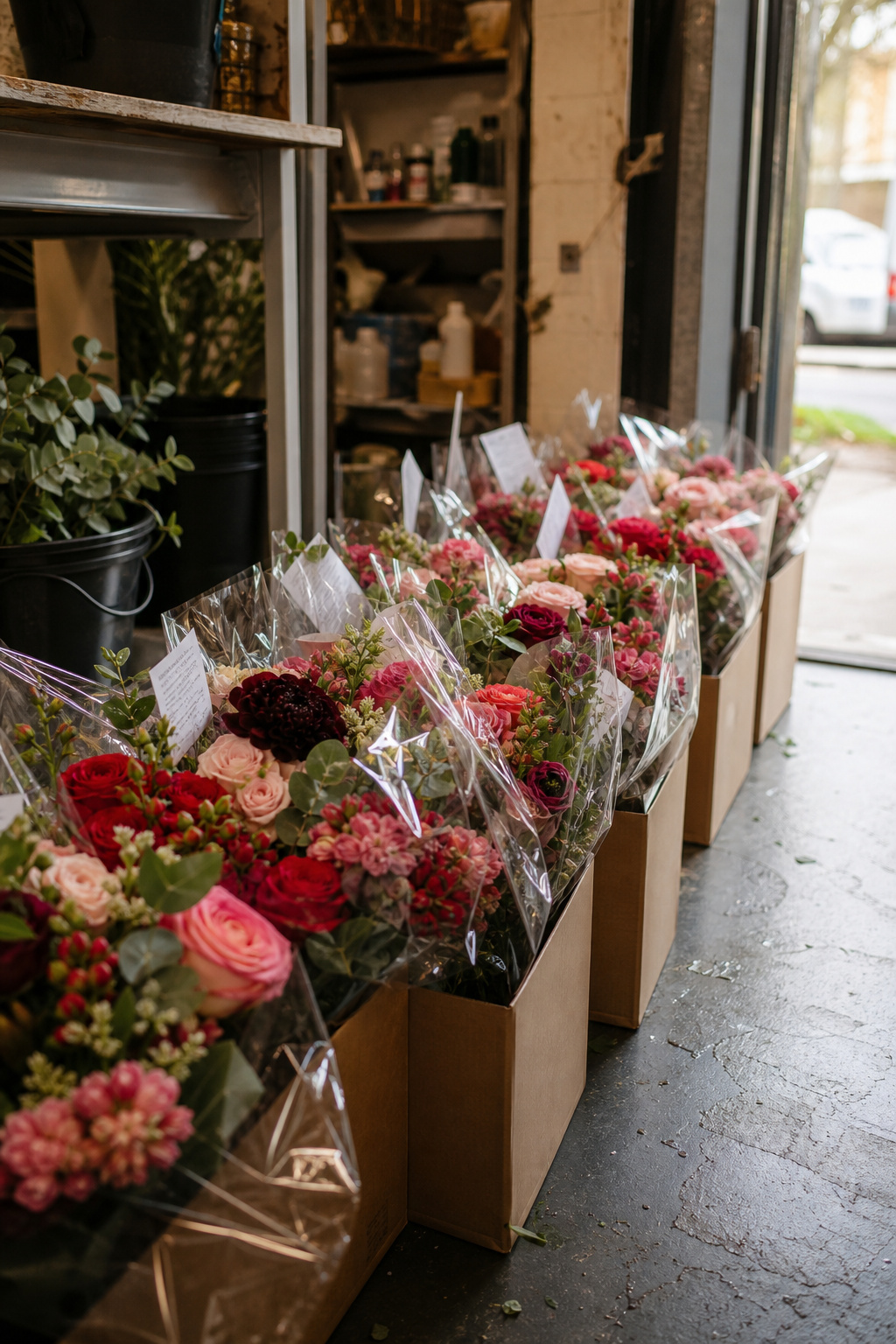 Wrapped floral delivery arrangements lined up by the shop's back door ready for the route