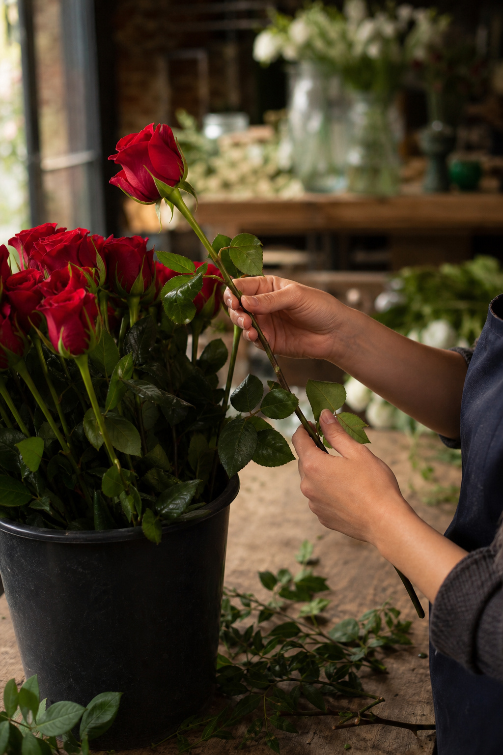 Florist selecting the best red roses from a full bucket at the worktable