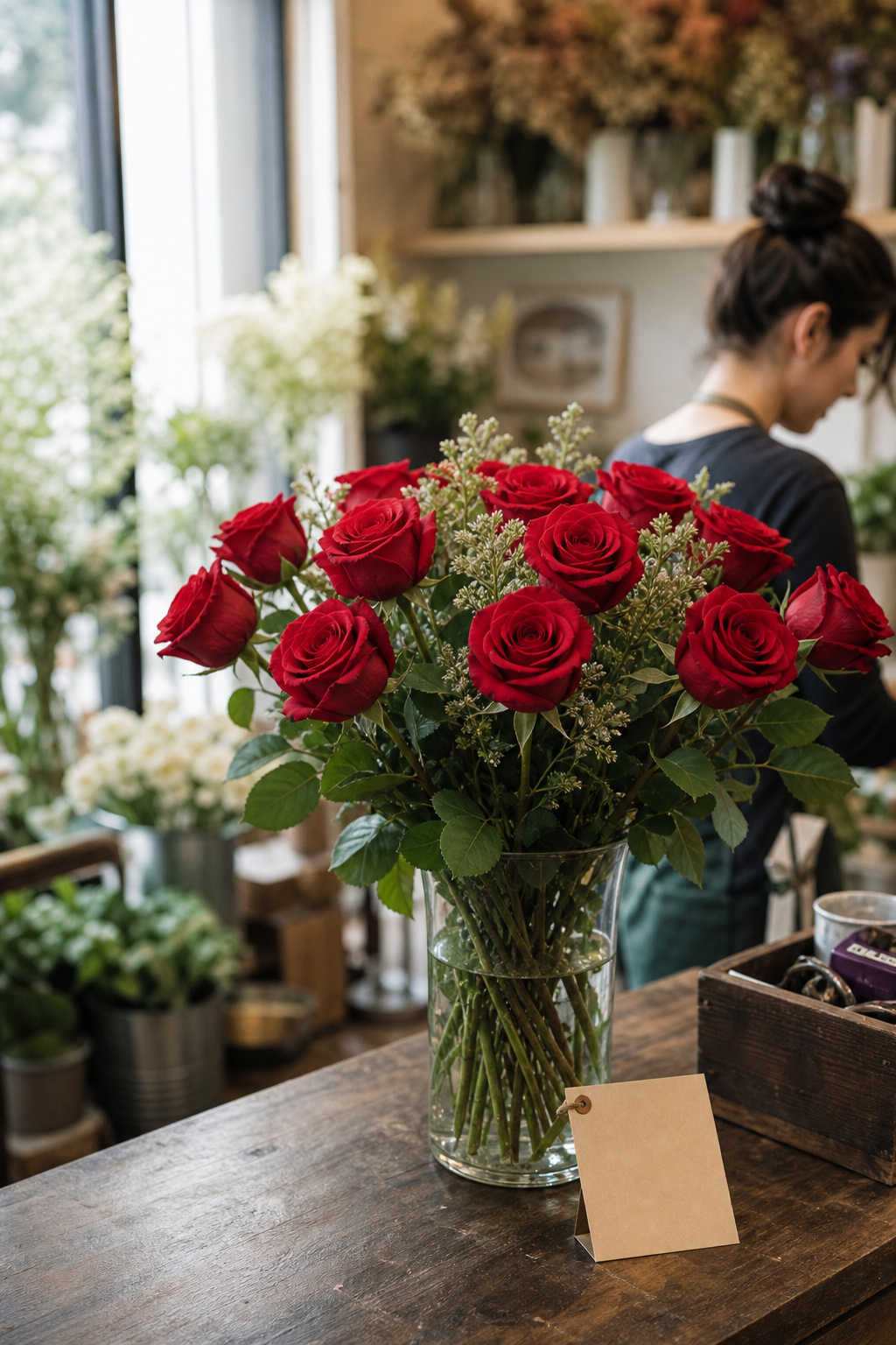 A finished dozen red roses in a vase beside a handwritten early-order price tag