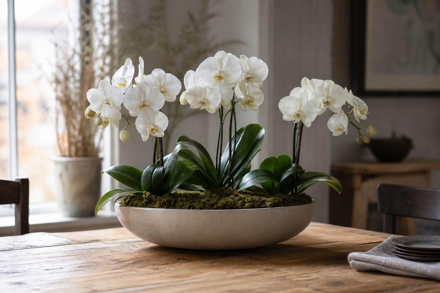 Potted phalaenopsis orchid centerpiece with moss hiding the pots in a ceramic vessel