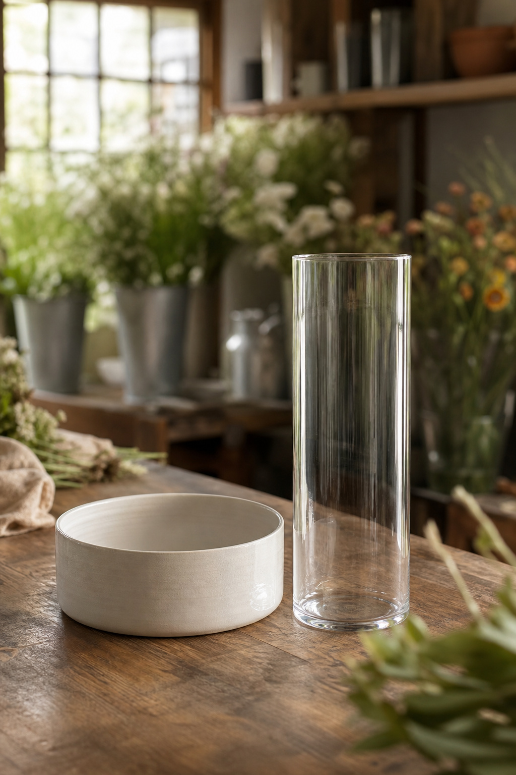 Low wide ceramic vessel and tall narrow glass vessel shown side by side for orchid centerpieces