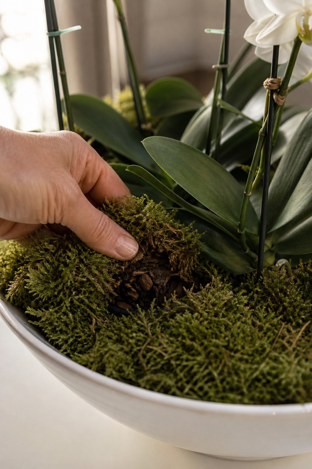 Hand lifting moss to check watering on an individual orchid liner inside a centerpiece