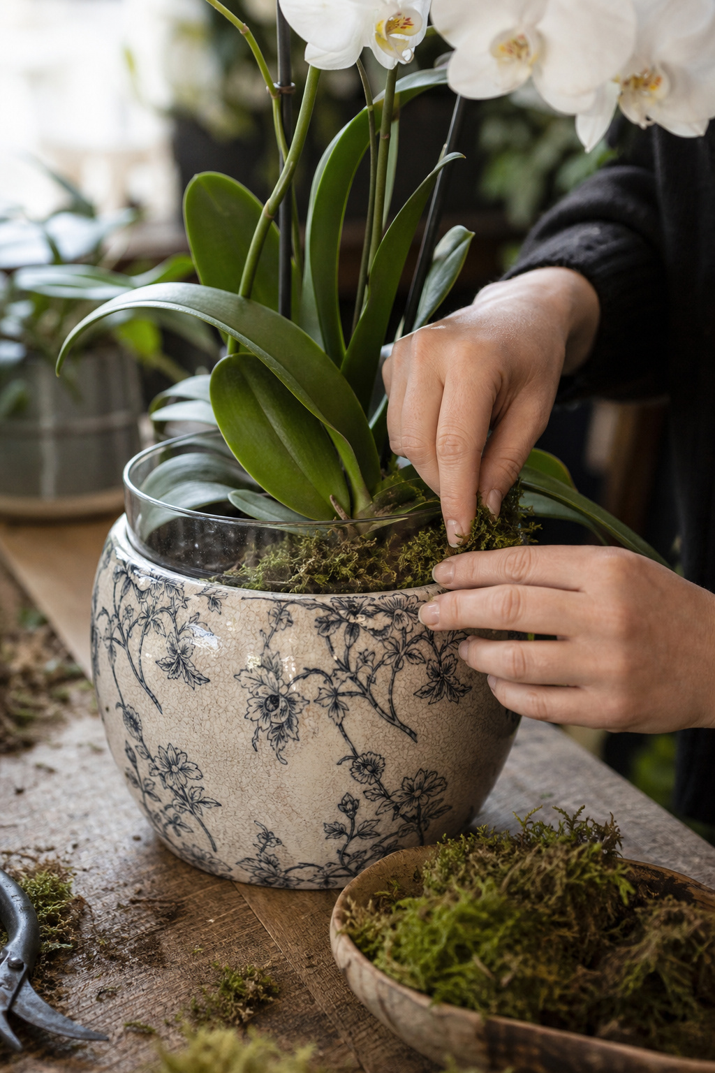 Hands tucking sheet moss around plastic orchid liners inside a decorative vessel