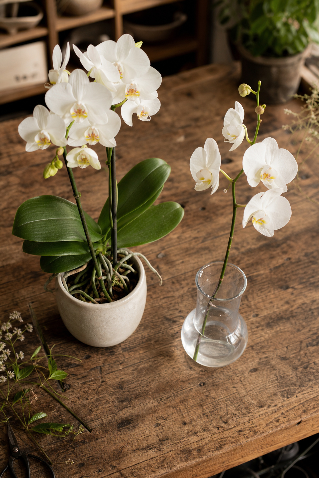 Potted phalaenopsis orchid plant beside a single cut orchid stem for comparison