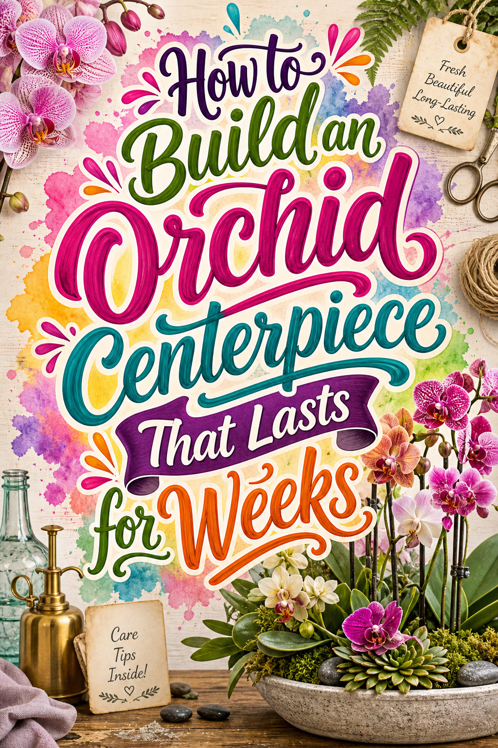 Pinterest graphic for how to build an orchid centerpiece that lasts