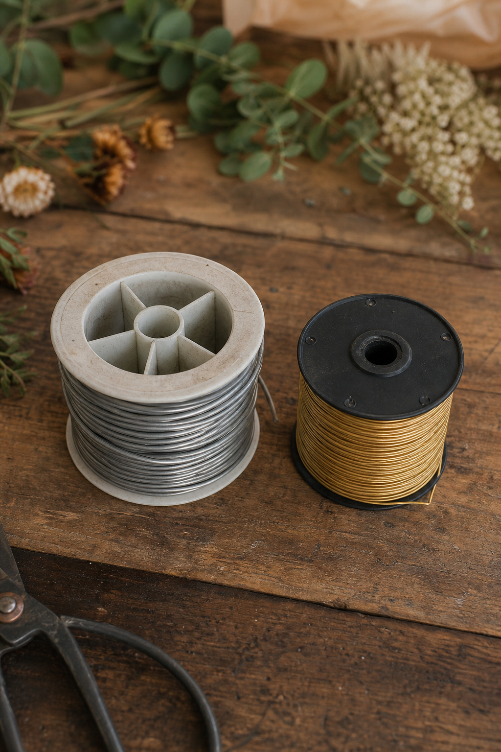 Spool of aluminum wire beside a spool of fine coiled bullion wire
