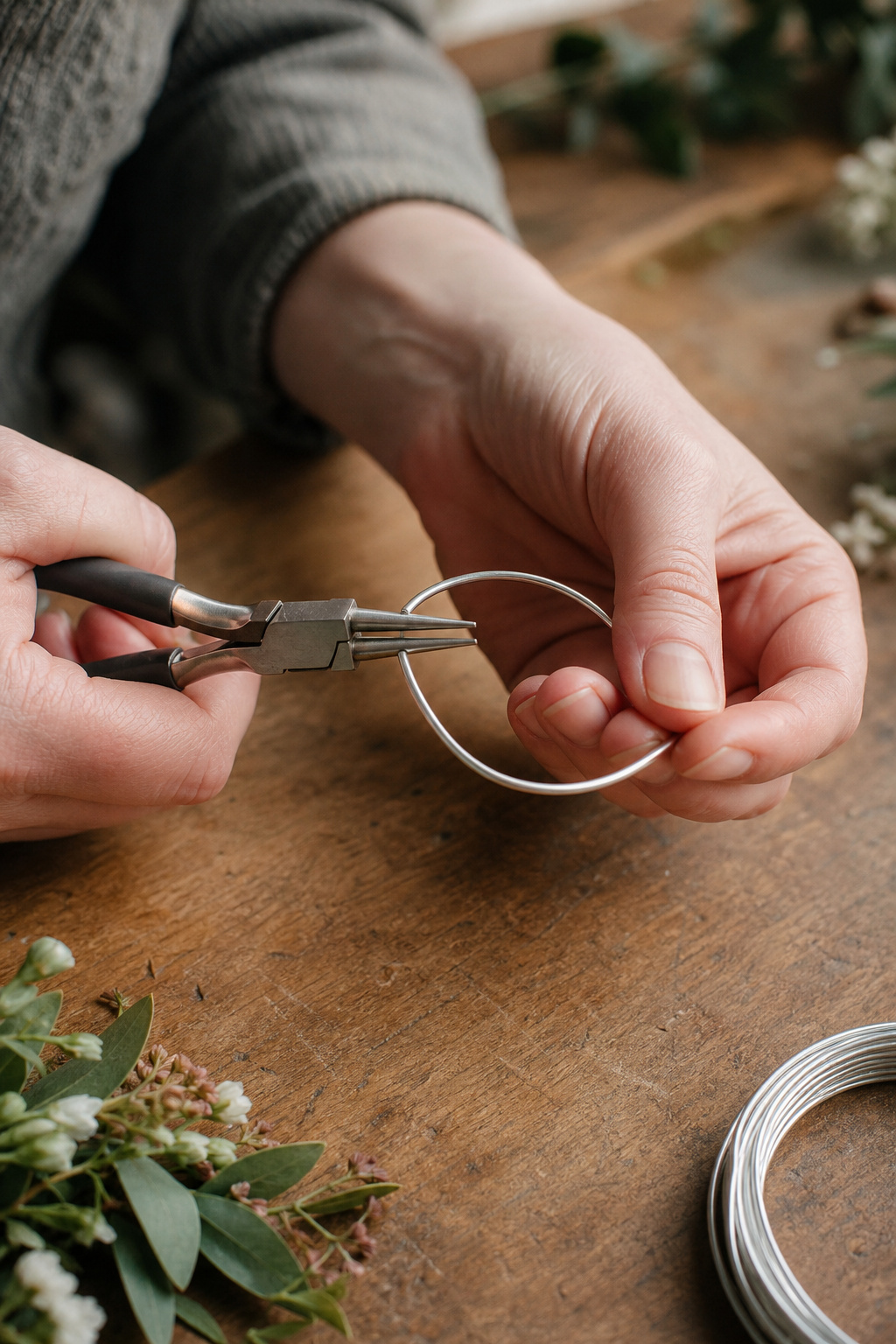 Hands using round nose pliers to bend aluminum wire into a bracelet shape