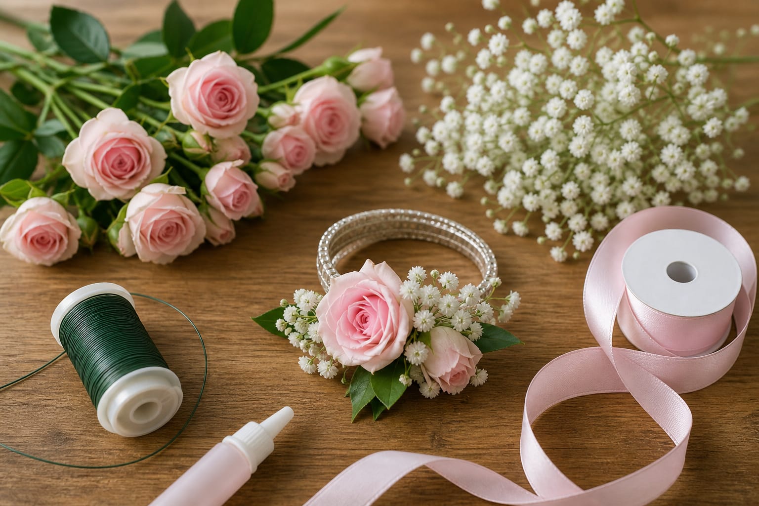 Flat-lay of prom corsage supplies including spray roses, wire, glue, and ribbon